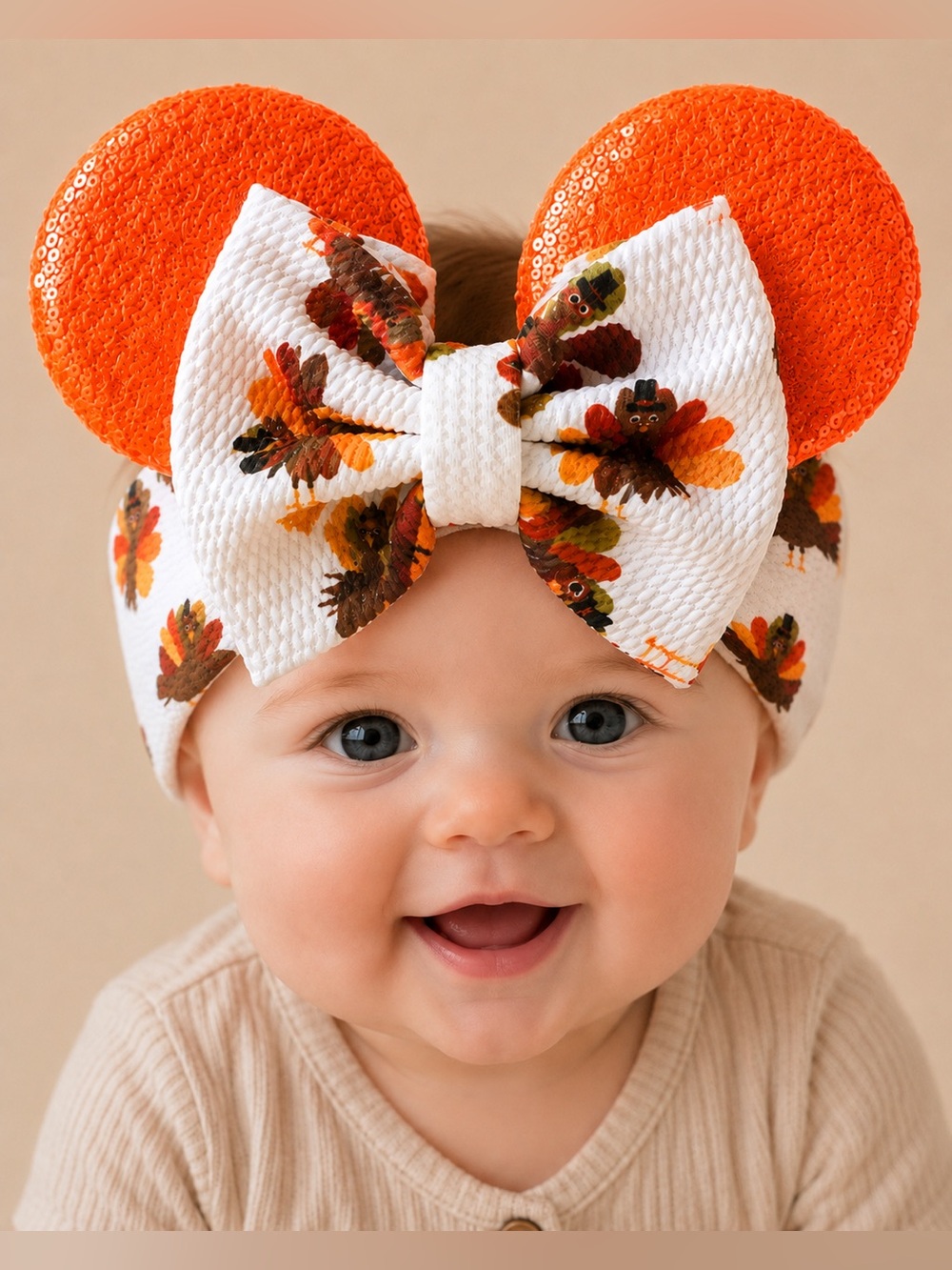 Disney-inspired Thanksgiving Turkey baby/infant/toddler headwrap & bow / sequins - Picture 3 of 3